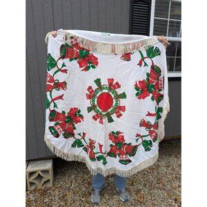 VINTAGE CHRISTMAS BELLS  ROUND TABLECLOTH WITH FRINGE Red/Green/Gold